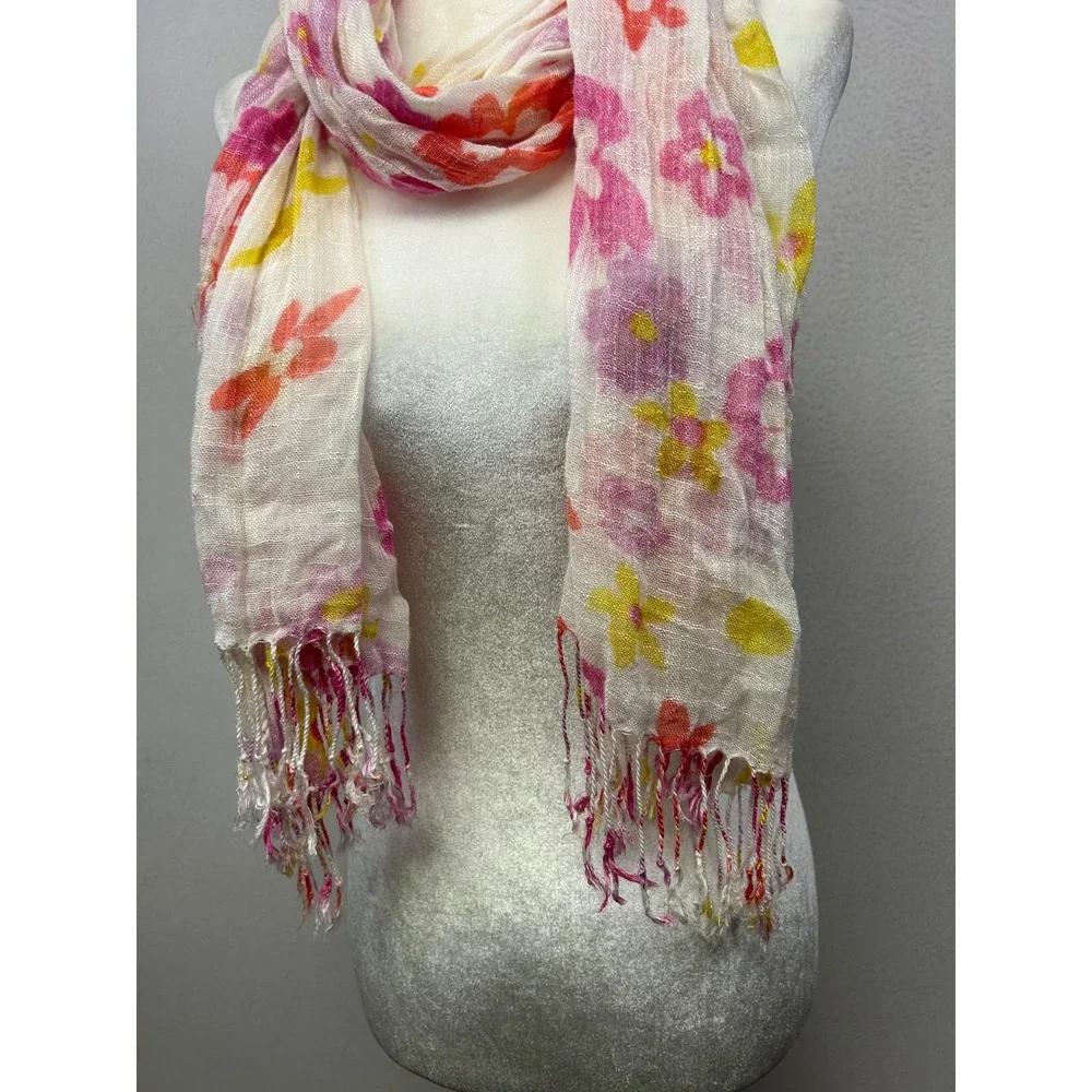 Cottagecore Airy Women OS White‎ Pink Floral Gauze Fringe Scarf Wrap
